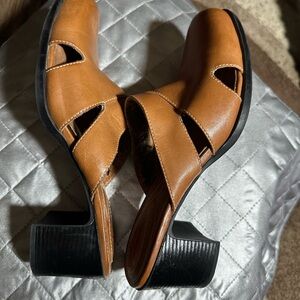 Clarks Tan Leather Mules with Black Heel